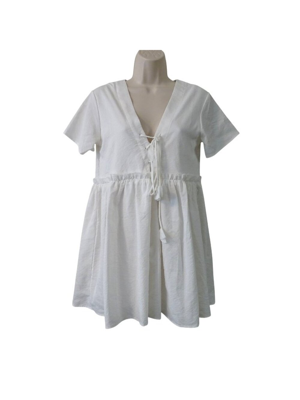 Hazel White Short Sleeve Babydoll Mini Dress Size S Lace-Up Boho Cottagecore